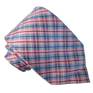 NAUTICA Men's 100% Silk Classic Necktie Designer Plaid/Check Pink/Blue EUC
